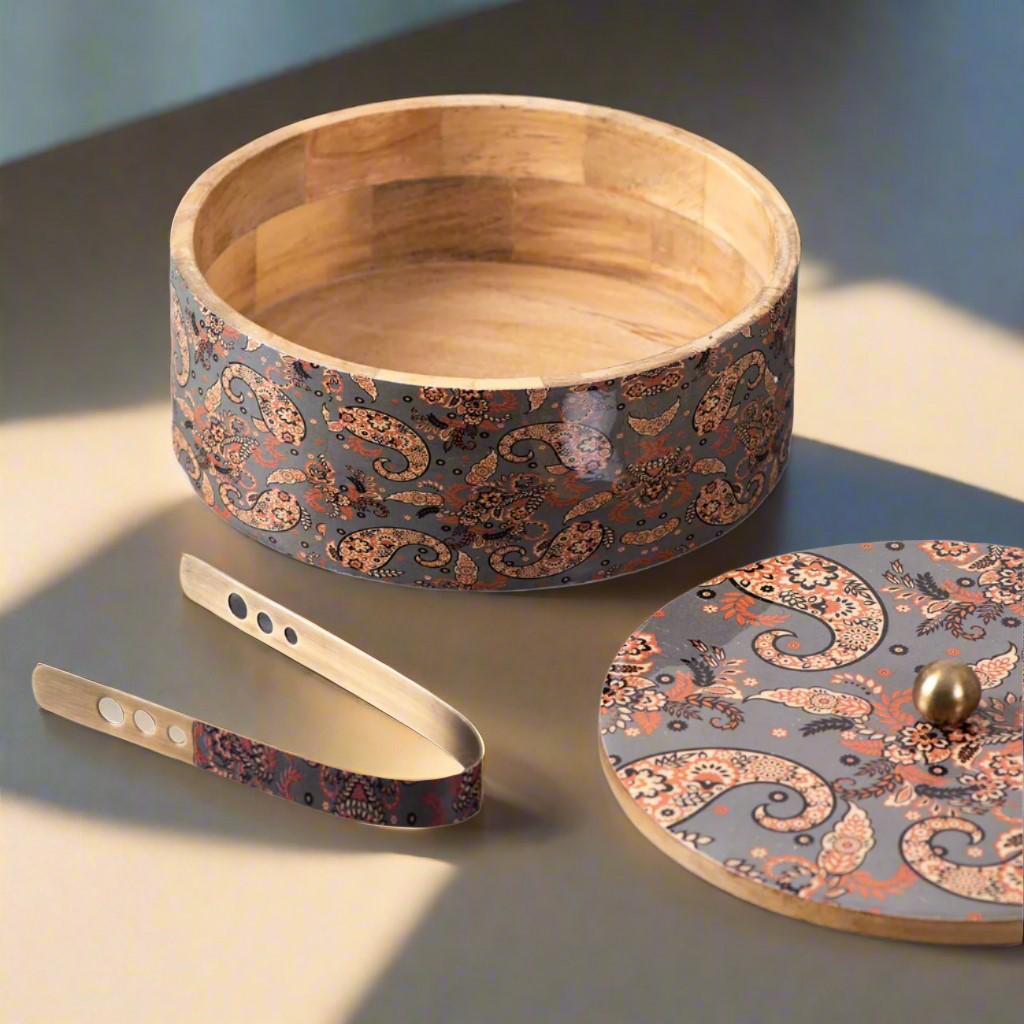 wooden with grey epoxy print chapati box/casserole/wooden box with tong